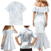 Hawaiian Turtles and Leis Family Matching Mermaid Dress and Hawaiian Shirt Tribal Kakau Pattern Airy White Blue Cloud Vibe