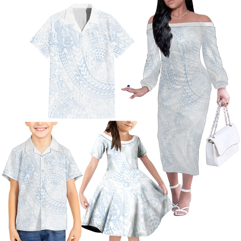 Hawaiian Turtles and Leis Family Matching Off The Shoulder Long Sleeve Dress and Hawaiian Shirt Tribal Kakau Pattern Airy White Blue Cloud Vibe