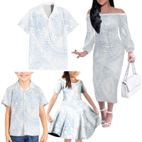 Hawaiian Turtles and Leis Family Matching Off The Shoulder Long Sleeve Dress and Hawaiian Shirt Tribal Kakau Pattern Airy White Blue Cloud Vibe