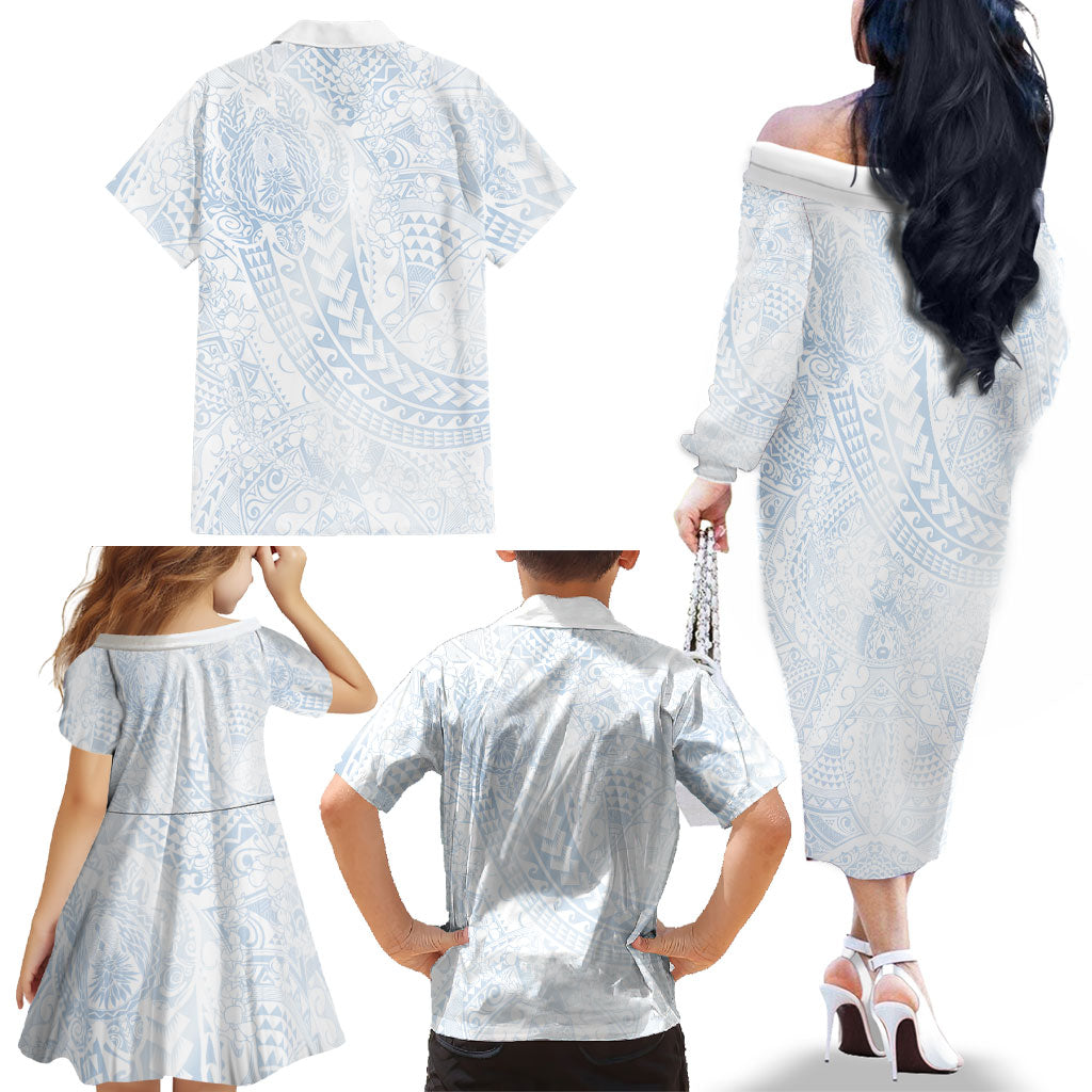 Hawaiian Turtles and Leis Family Matching Off The Shoulder Long Sleeve Dress and Hawaiian Shirt Tribal Kakau Pattern Airy White Blue Cloud Vibe