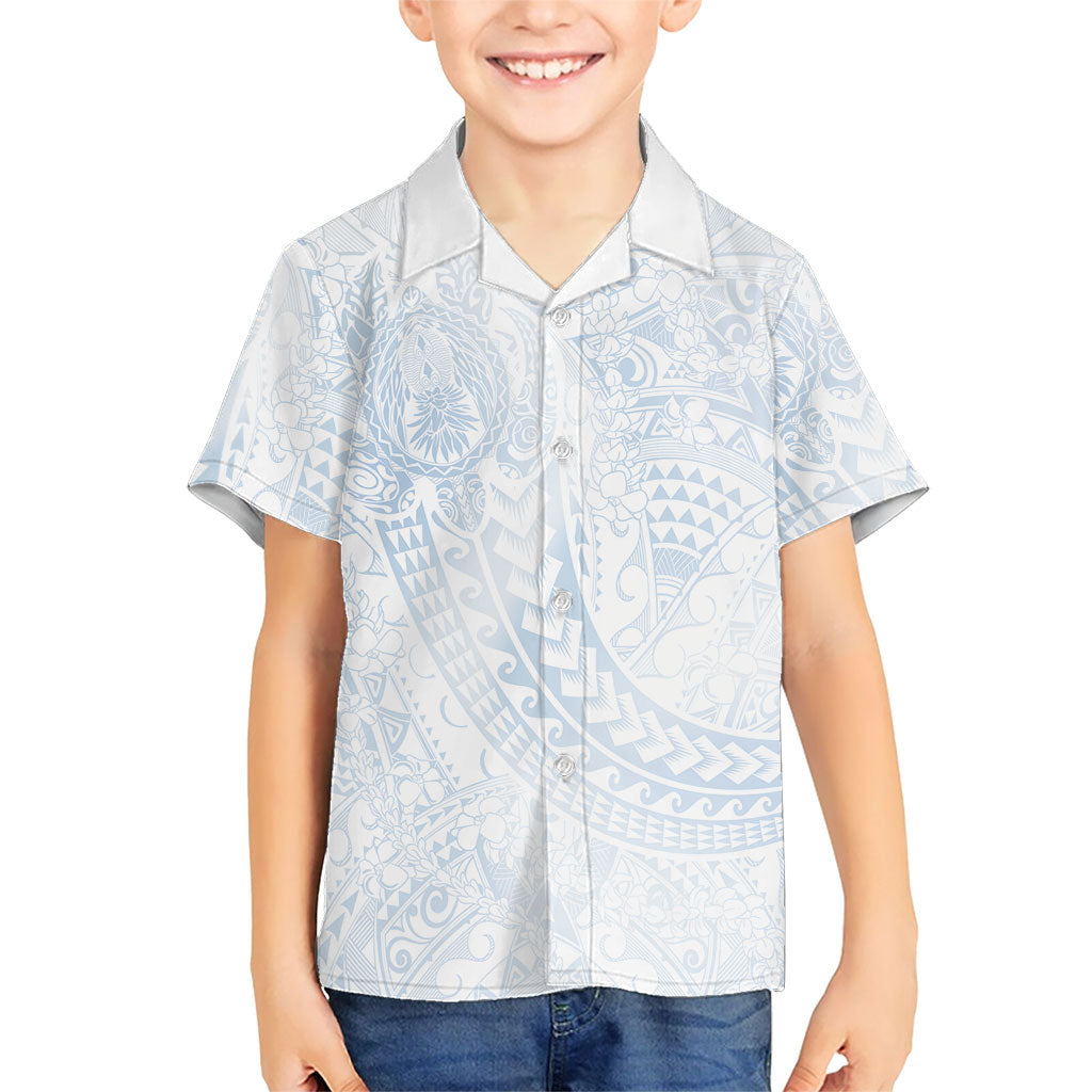 Hawaiian Turtles and Leis Family Matching Off The Shoulder Long Sleeve Dress and Hawaiian Shirt Tribal Kakau Pattern Airy White Blue Cloud Vibe