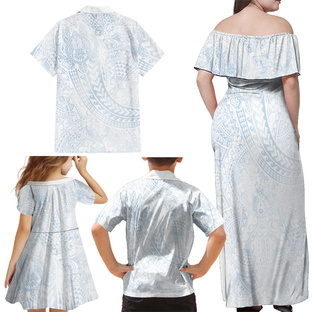 Hawaiian Turtles and Leis Family Matching Off Shoulder Maxi Dress and Hawaiian Shirt Tribal Kakau Pattern Airy White Blue Cloud Vibe