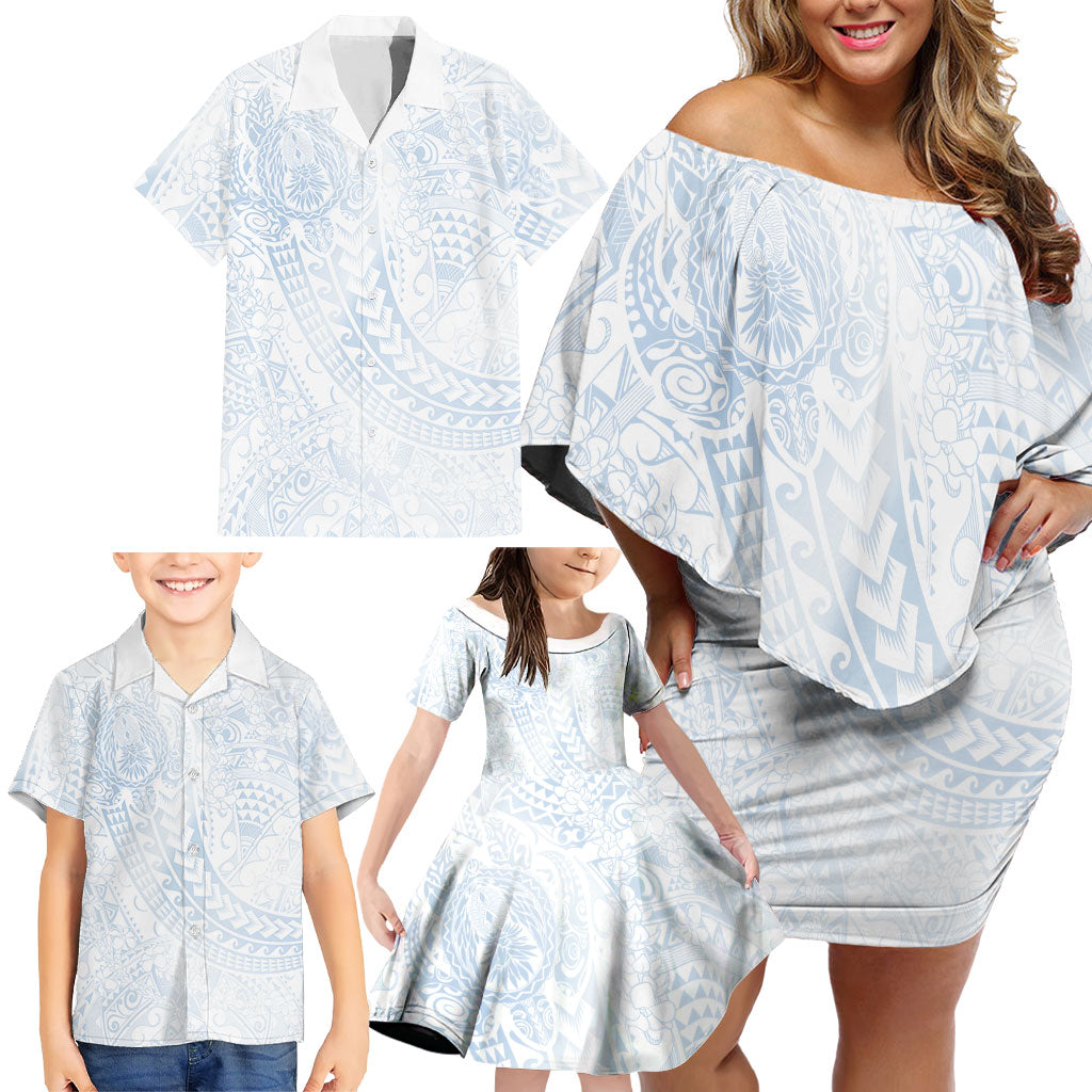 Hawaiian Turtles and Leis Family Matching Off Shoulder Short Dress and Hawaiian Shirt Tribal Kakau Pattern Airy White Blue Cloud Vibe LT03 - Polynesian Pride