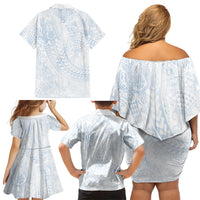 Hawaiian Turtles and Leis Family Matching Off Shoulder Short Dress and Hawaiian Shirt Tribal Kakau Pattern Airy White Blue Cloud Vibe