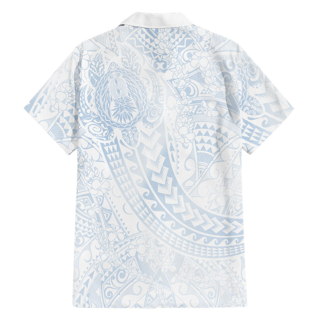 Hawaiian Turtles and Leis Family Matching Off Shoulder Short Dress and Hawaiian Shirt Tribal Kakau Pattern Airy White Blue Cloud Vibe