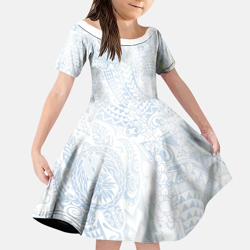 Hawaiian Turtles and Leis Family Matching Puletasi and Hawaiian Shirt Tribal Kakau Pattern Airy White Blue Cloud Vibe