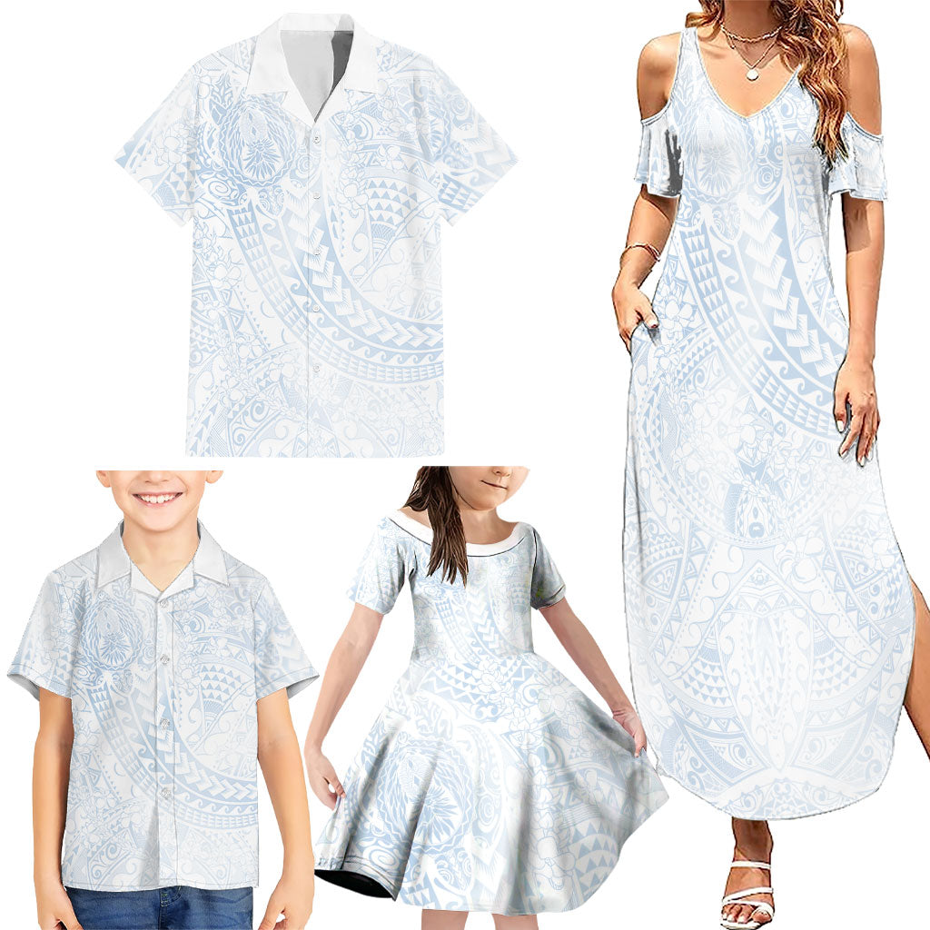 Hawaiian Turtles and Leis Family Matching Summer Maxi Dress and Hawaiian Shirt Tribal Kakau Pattern Airy White Blue Cloud Vibe