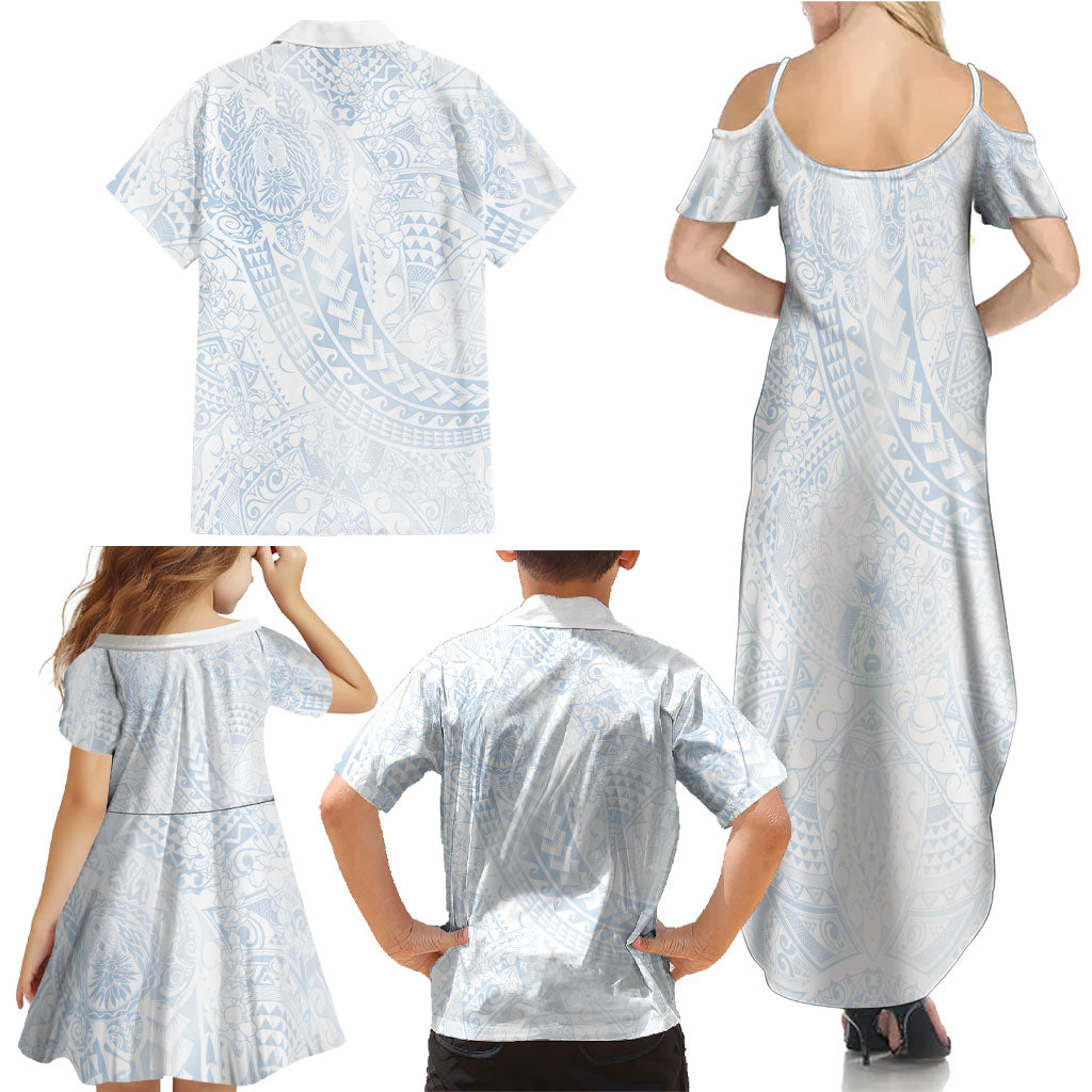 Hawaiian Turtles and Leis Family Matching Summer Maxi Dress and Hawaiian Shirt Tribal Kakau Pattern Airy White Blue Cloud Vibe