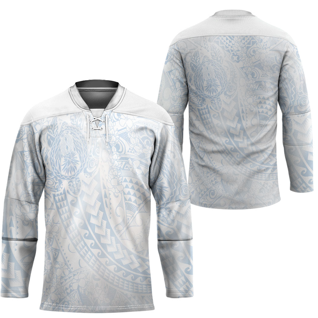 Hawaiian Turtles and Leis Hockey Jersey Tribal Kakau Pattern Airy White Blue Cloud Vibe