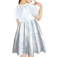 Hawaiian Turtles and Leis Kid Short Sleeve Dress Tribal Kakau Pattern Airy White Blue Cloud Vibe