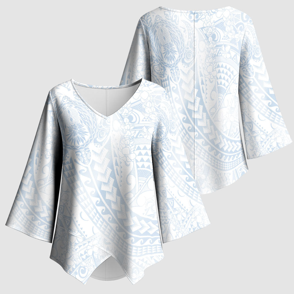 Hawaiian Turtles and Leis Kimono Sleeve Blouse Tribal Kakau Pattern Airy White Blue Cloud Vibe