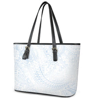 Hawaiian Turtles and Leis Leather Tote Bag Tribal Kakau Pattern Airy White Blue Cloud Vibe