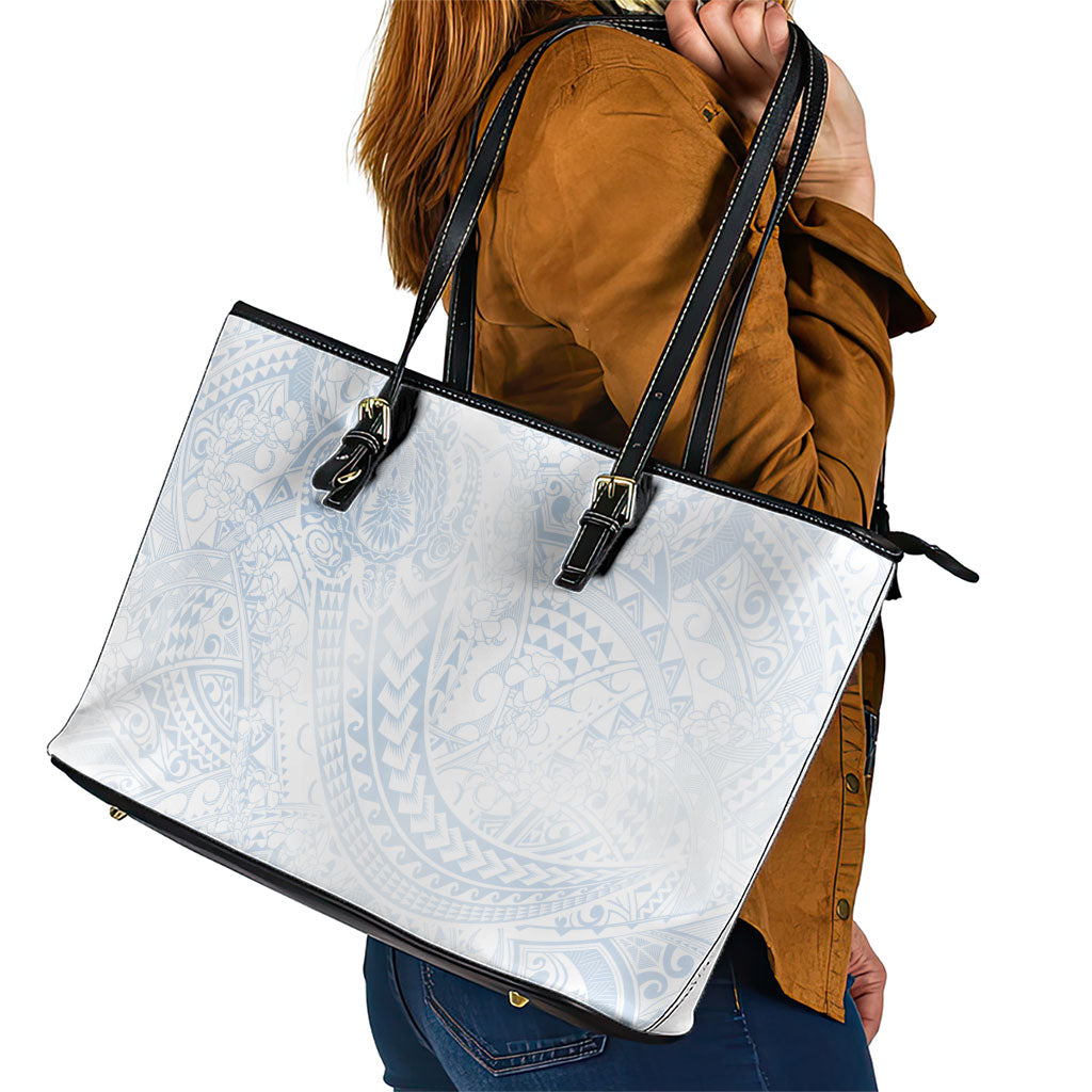 Hawaiian Turtles and Leis Leather Tote Bag Tribal Kakau Pattern Airy White Blue Cloud Vibe