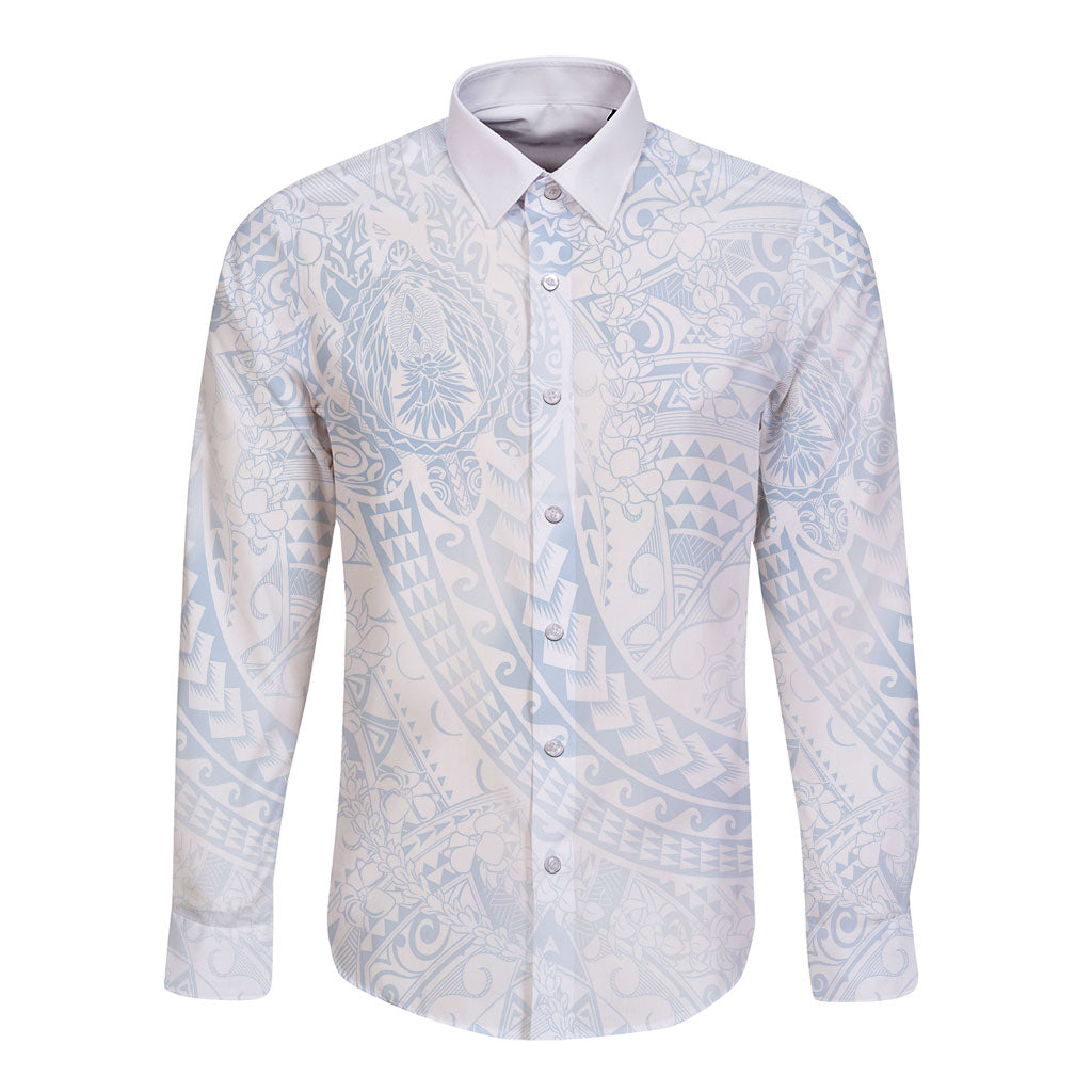 Hawaiian Turtles and Leis Long Sleeve Button Shirt Tribal Kakau Pattern Airy White Blue Cloud Vibe
