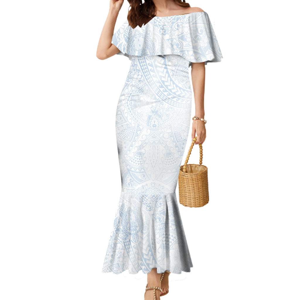Hawaiian Turtles and Leis Mermaid Dress Tribal Kakau Pattern Airy White Blue Cloud Vibe