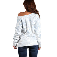 Hawaiian Turtles and Leis Off Shoulder Sweater Tribal Kakau Pattern Airy White Blue Cloud Vibe