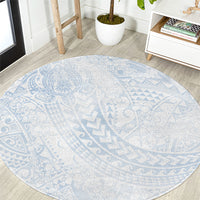Hawaiian Turtles and Leis Round Carpet Tribal Kakau Pattern Airy White Blue Cloud Vibe