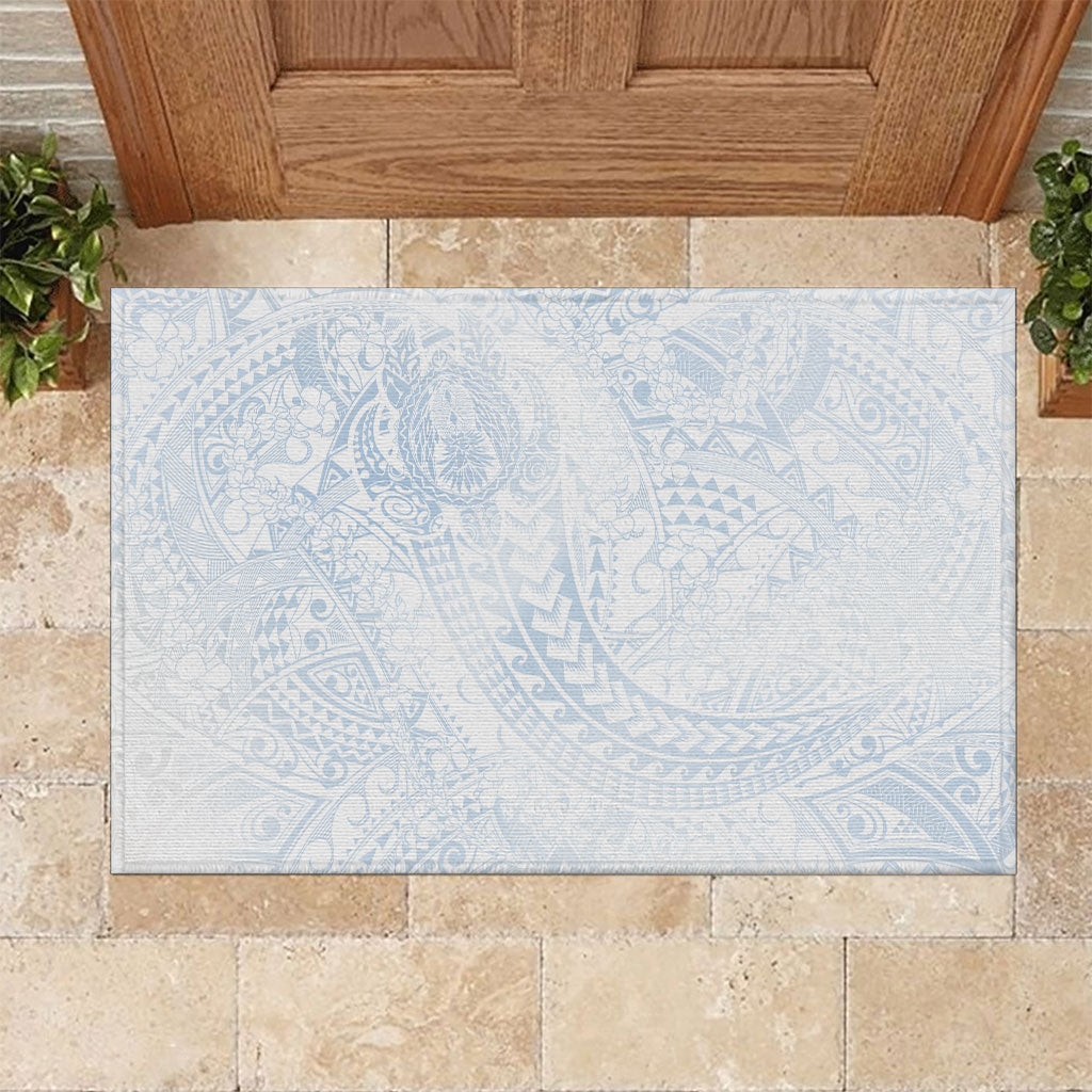 Hawaiian Turtles and Leis Rubber Doormat Tribal Kakau Pattern Airy White Blue Cloud Vibe