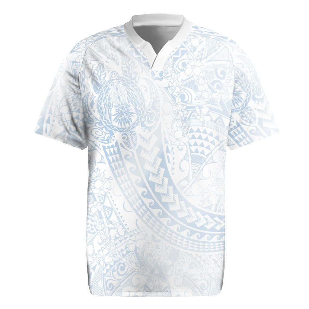 Hawaiian Turtles and Leis Rugby Jersey Tribal Kakau Pattern Airy White Blue Cloud Vibe