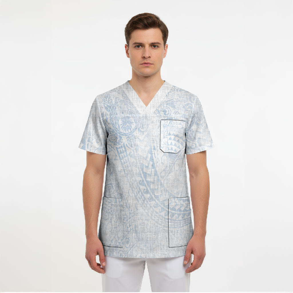 Hawaiian Turtles and Leis Scrub Top Tribal Kakau Pattern Airy White Blue Cloud Vibe