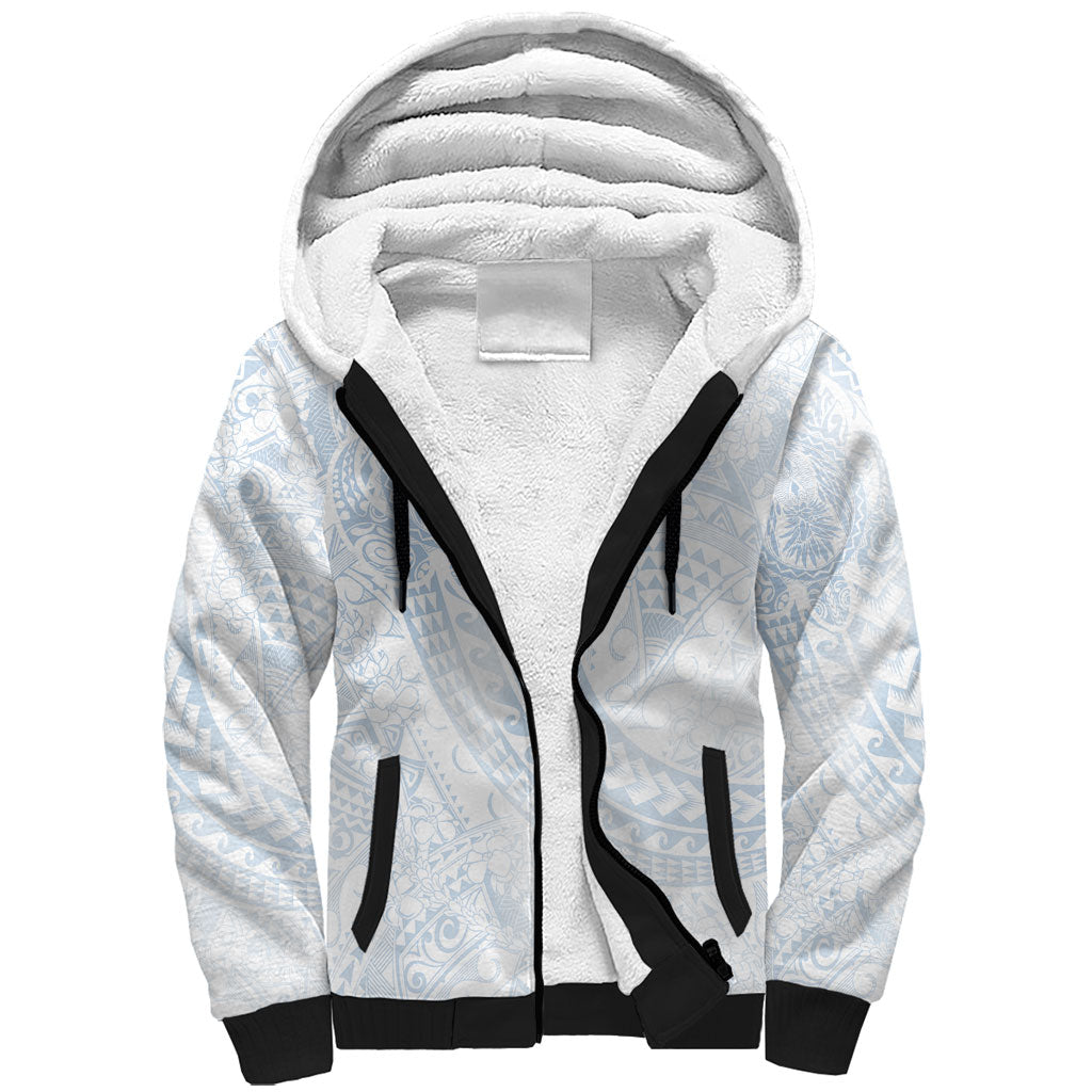 Hawaiian Turtles and Leis Sherpa Hoodie Tribal Kakau Pattern Airy White Blue Cloud Vibe