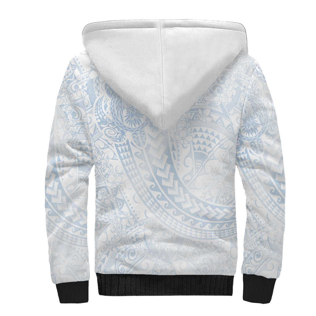 Hawaiian Turtles and Leis Sherpa Hoodie Tribal Kakau Pattern Airy White Blue Cloud Vibe