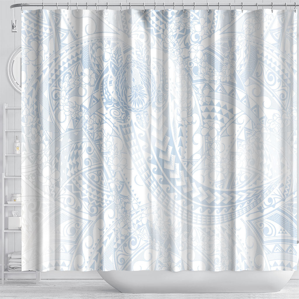 Hawaiian Turtles and Leis Shower Curtain Tribal Kakau Pattern Airy White Blue Cloud Vibe