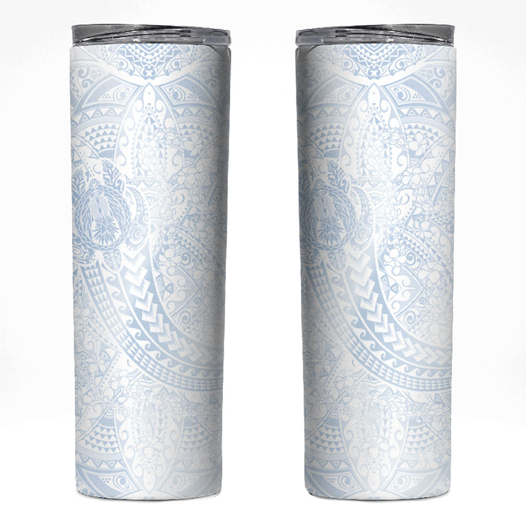Hawaiian Turtles and Leis Skinny Tumbler Tribal Kakau Pattern Airy White Blue Cloud Vibe