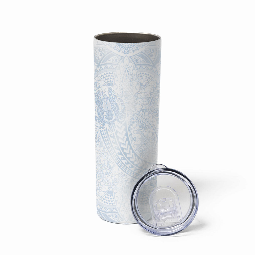 Hawaiian Turtles and Leis Skinny Tumbler Tribal Kakau Pattern Airy White Blue Cloud Vibe
