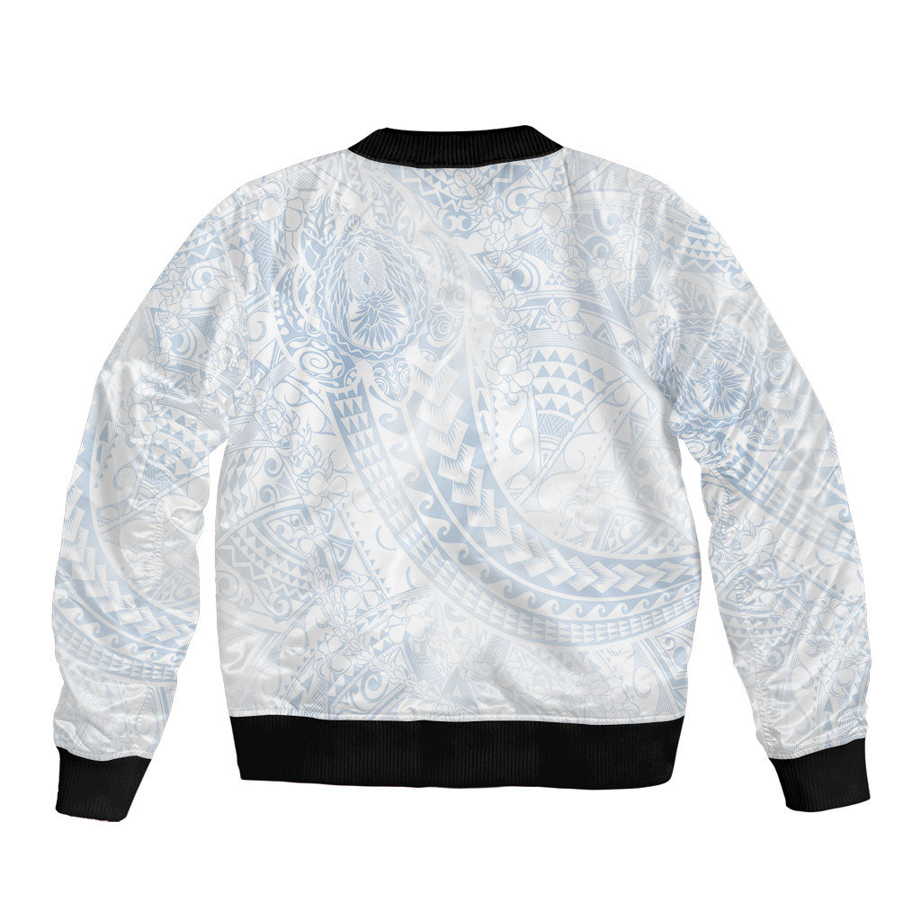 Hawaiian Turtles and Leis Sleeve Zip Bomber Jacket Tribal Kakau Pattern Airy White Blue Cloud Vibe