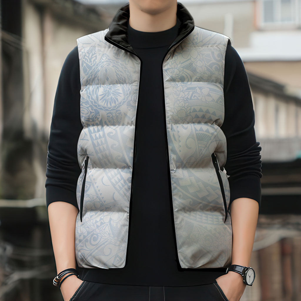 Hawaiian Turtles and Leis Sleeveless Puffer Jacket Tribal Kakau Pattern Airy White Blue Cloud Vibe