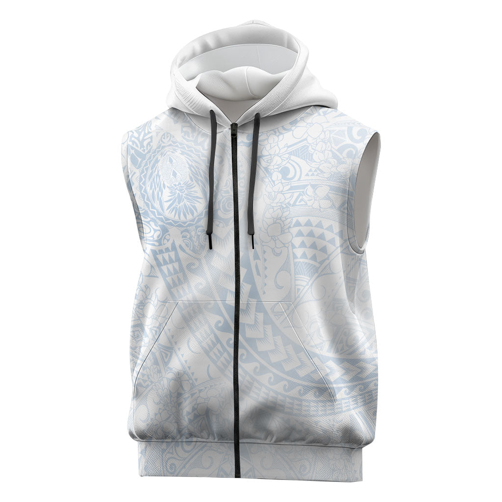 Hawaiian Turtles and Leis Sleeveless Zip Hoodie Tribal Kakau Pattern Airy White Blue Cloud Vibe