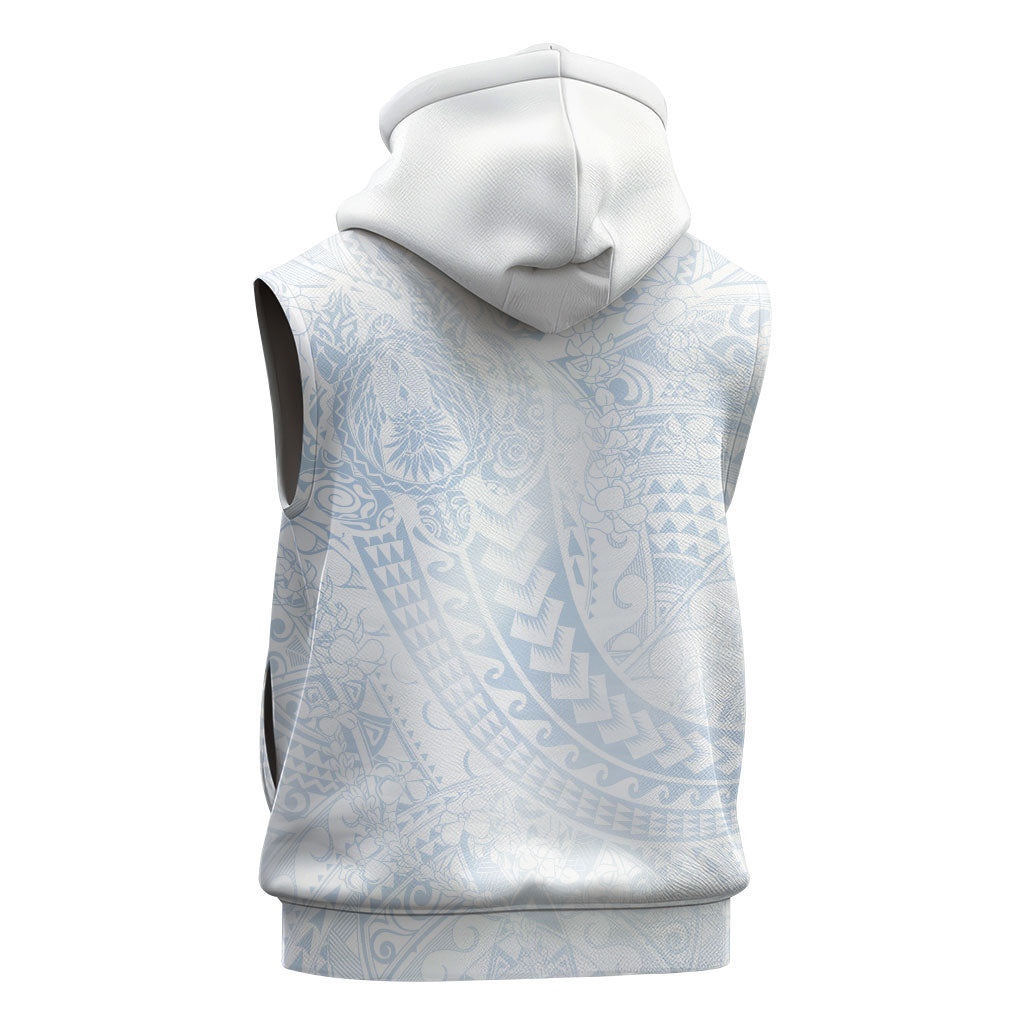 Hawaiian Turtles and Leis Sleeveless Zip Hoodie Tribal Kakau Pattern Airy White Blue Cloud Vibe
