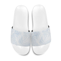 Hawaiian Turtles and Leis Slide Sandals Tribal Kakau Pattern Airy White Blue Cloud Vibe