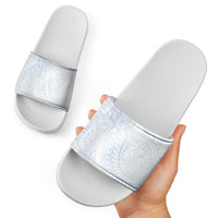 Hawaiian Turtles and Leis Slide Sandals Tribal Kakau Pattern Airy White Blue Cloud Vibe