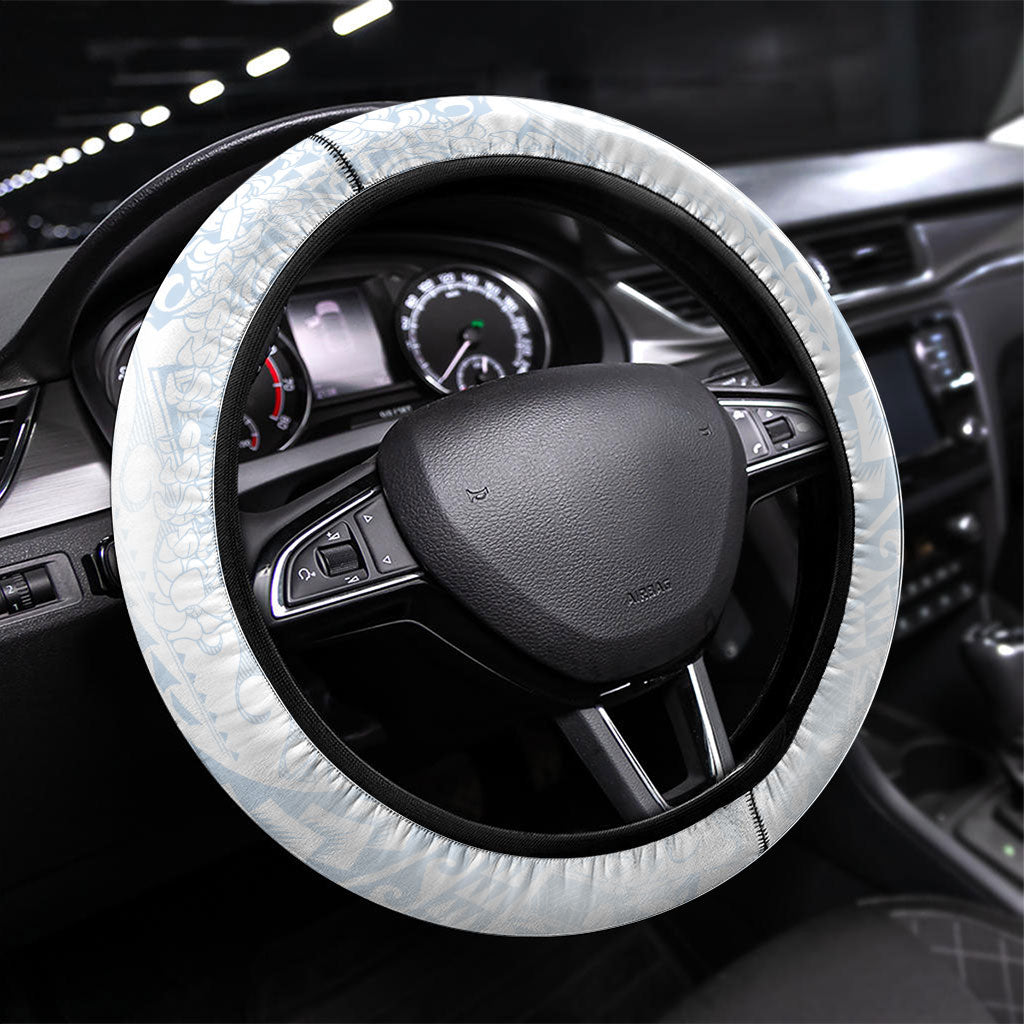 Hawaiian Turtles and Leis Steering Wheel Cover Tribal Kakau Pattern Airy White Blue Cloud Vibe