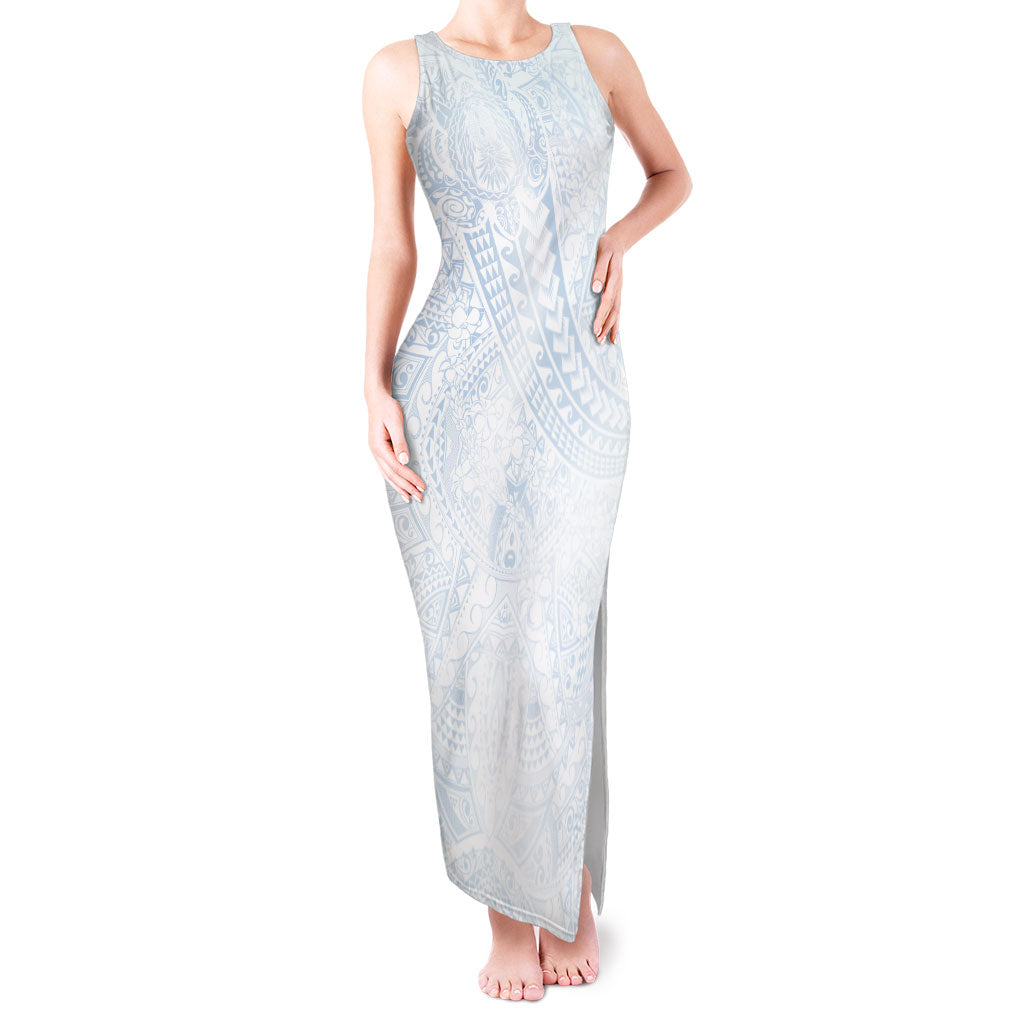 Hawaiian Turtles and Leis Tank Maxi Dress Tribal Kakau Pattern Airy White Blue Cloud Vibe