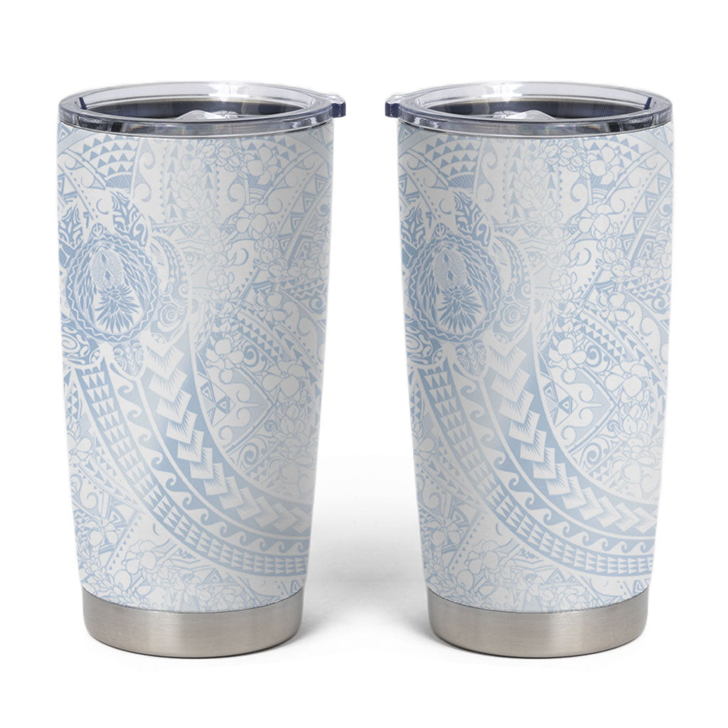Hawaiian Turtles and Leis Tumbler Cup Tribal Kakau Pattern Airy White Blue Cloud Vibe
