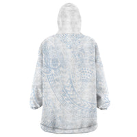 Hawaiian Turtles and Leis Wearable Blanket Hoodie Tribal Kakau Pattern Airy White Blue Cloud Vibe