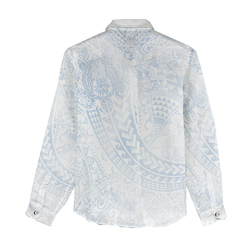Hawaiian Turtles and Leis Women Casual Shirt Tribal Kakau Pattern Airy White Blue Cloud Vibe