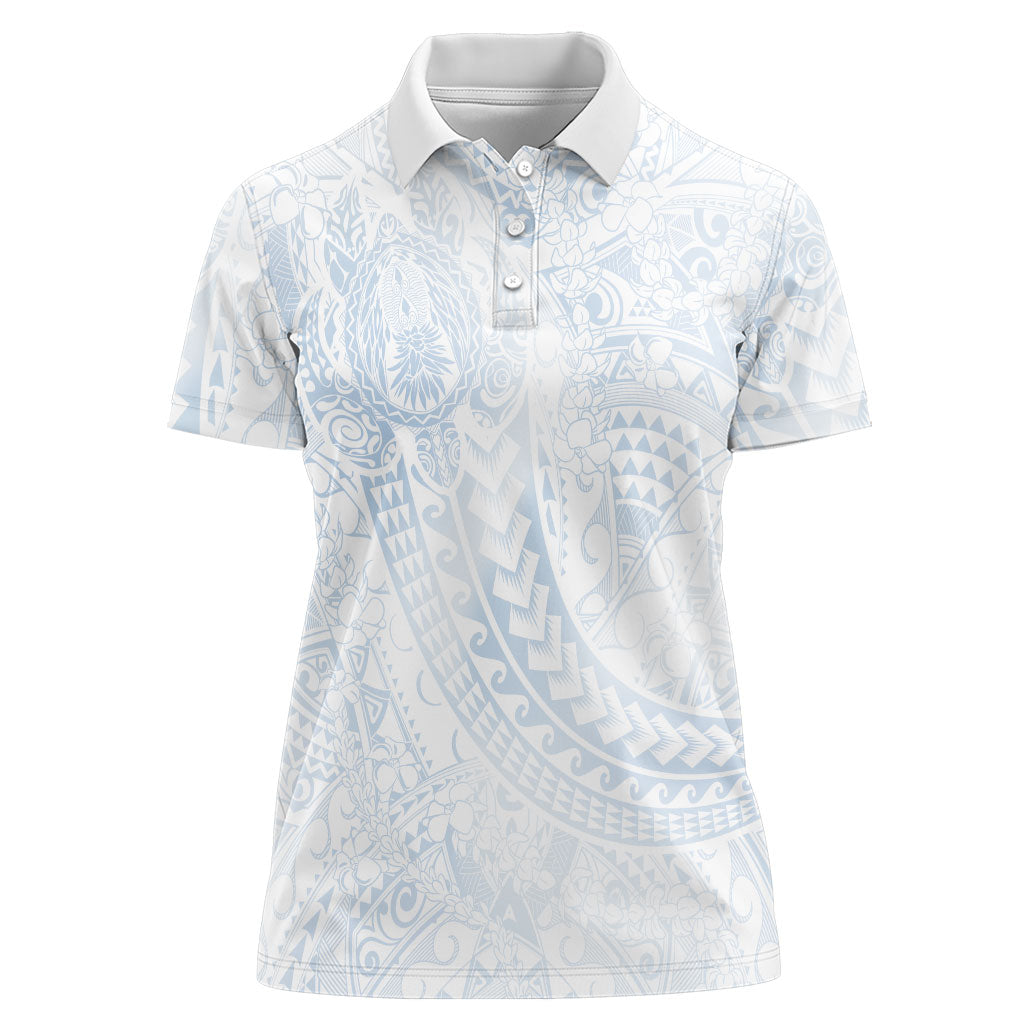 Hawaiian Turtles and Leis Women Polo Shirt Tribal Kakau Pattern Airy White Blue Cloud Vibe