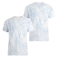 Hawaiian Turtles and Leis Women V-Neck T-Shirt Tribal Kakau Pattern Airy White Blue Cloud Vibe