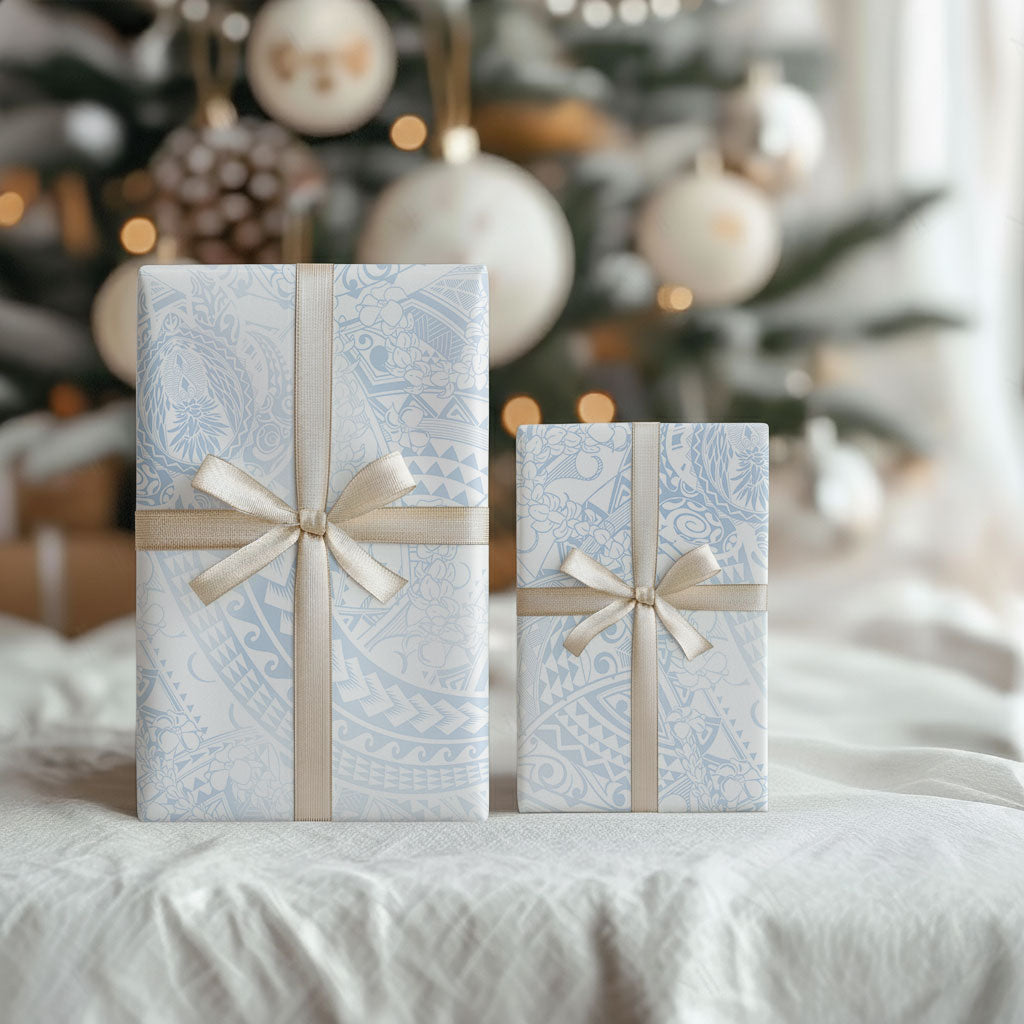 Hawaiian Turtles and Leis Wrapping Paper Tribal Kakau Pattern Airy White Blue Cloud Vibe