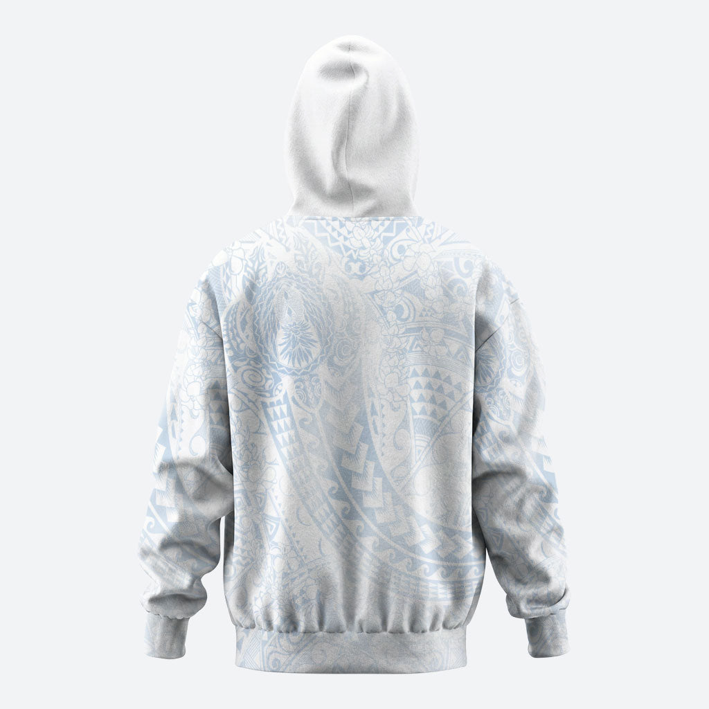 Hawaiian Turtles and Leis Zip Hoodie Tribal Kakau Pattern Airy White Blue Cloud Vibe