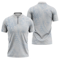 Hawaiian Turtles and Leis Zipper Polo Shirt Tribal Kakau Pattern Airy White Blue Cloud Vibe