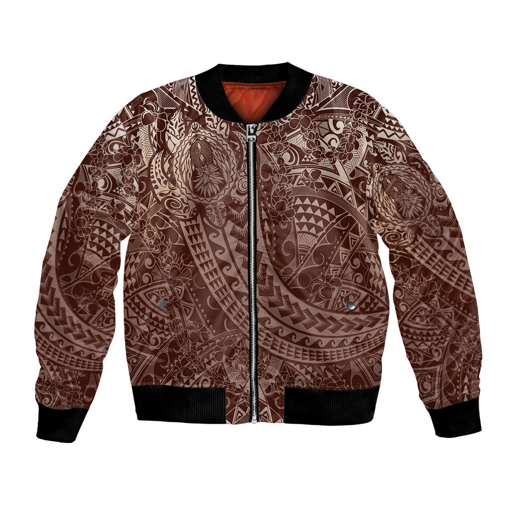 Hawaiian Turtles and Leis Bomber Jacket Tribal Kakau Pattern Mocha Mousse Color