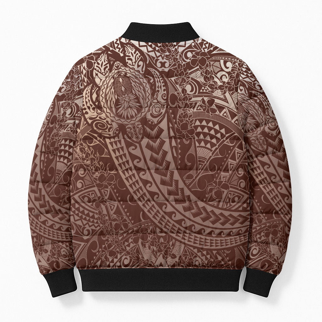 Hawaiian Turtles and Leis Bomber Puffer Jacket Tribal Kakau Pattern Mocha Mousse Color