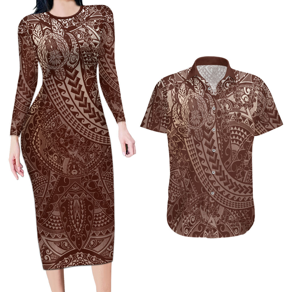 Hawaiian Turtles and Leis Couples Matching Long Sleeve Bodycon Dress and Hawaiian Shirt Tribal Kakau Pattern Mocha Mousse Color LT03 Mocha Mousse - Polynesian Pride