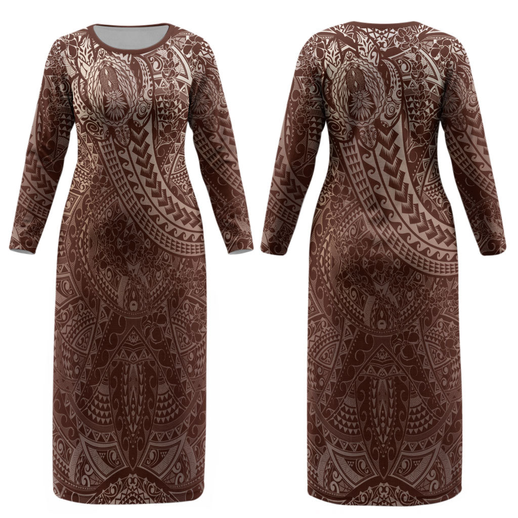 Hawaiian Turtles and Leis Couples Matching Long Sleeve Bodycon Dress and Hawaiian Shirt Tribal Kakau Pattern Mocha Mousse Color LT03 - Polynesian Pride