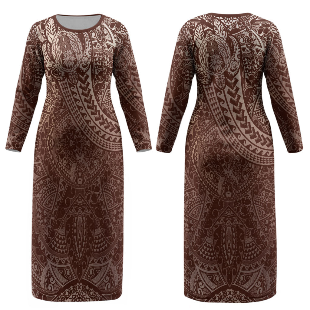 Hawaiian Turtles and Leis Couples Matching Long Sleeve Bodycon Dress and Long Sleeve Button Shirt Tribal Kakau Pattern Mocha Mousse Color LT03 - Polynesian Pride